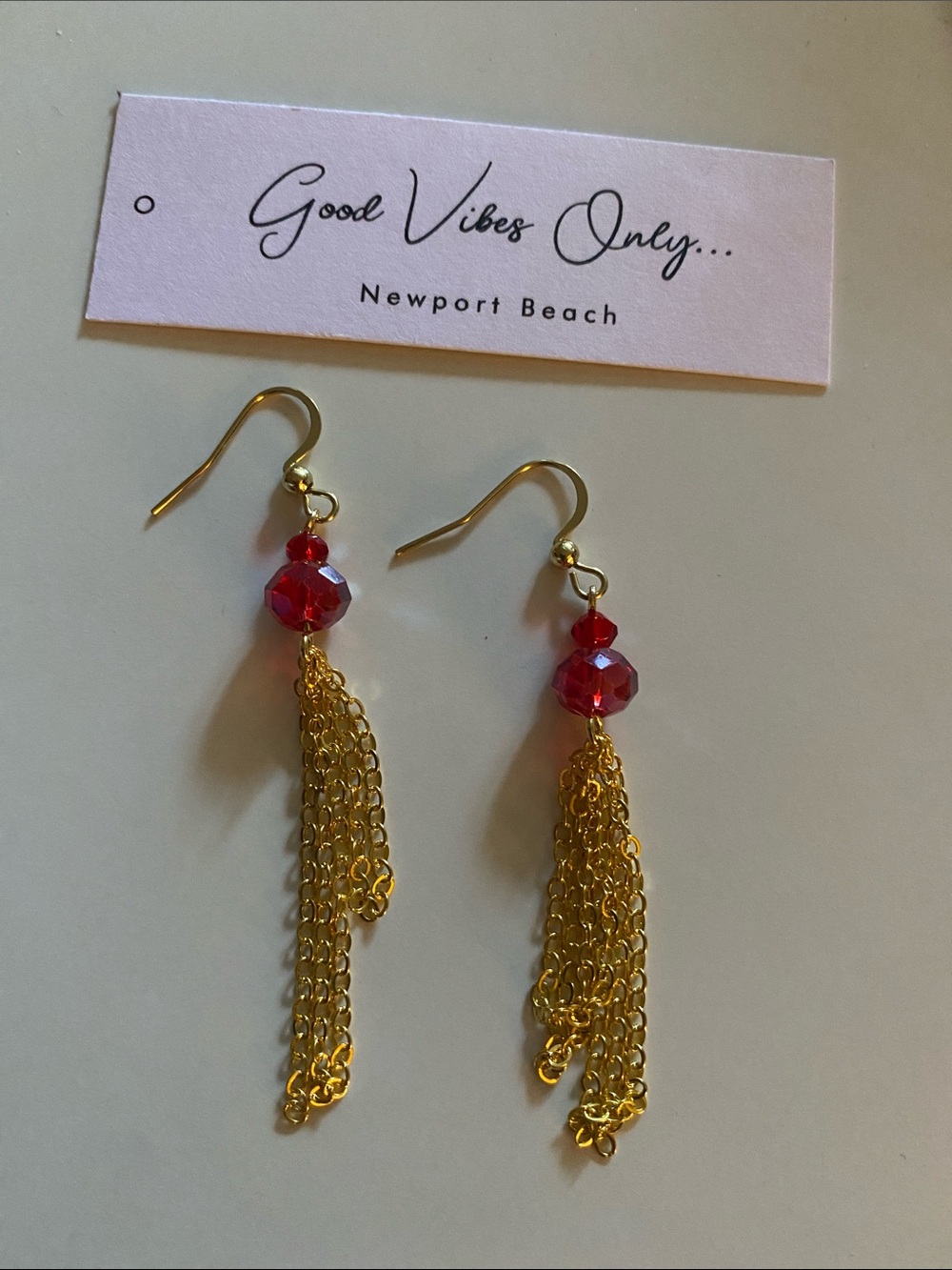 Gold Tassel Earrings with Red Beads